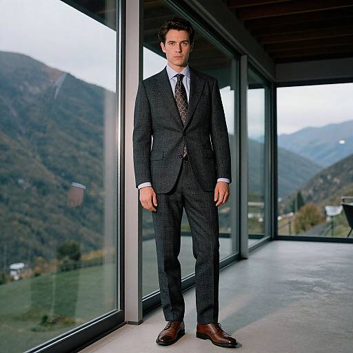 Photograph of a handsome man in a dark gray pinstripe suit, white shirt, patterned tie, and brown shoes, standing in a modern