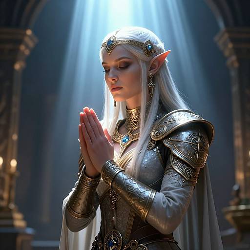 Digital fantasy artwork of a white-haired, elven woman in ornate silver armor, praying with hands clasped, bathed in divine light.
