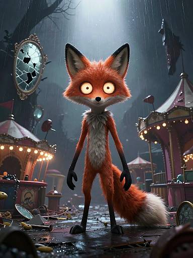 CGI anthropomorphic fox with glowing eyes stands in a rainy, eerie carnival night scene, surrounded by broken carnival lights and debris.
