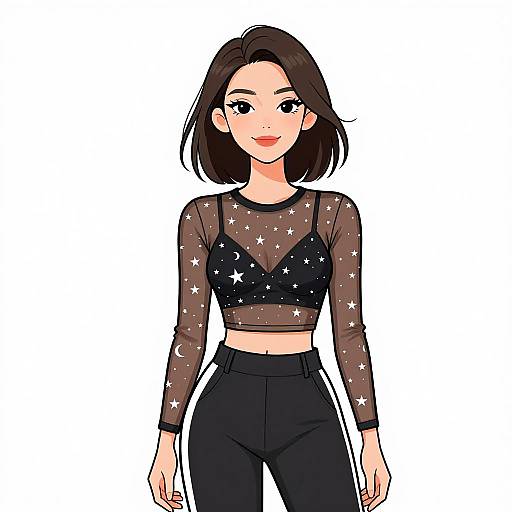 Digital anime-style drawing of a smiling woman with short brown hair, wearing a black star-patterned sheer top and black high-waisted pants.
