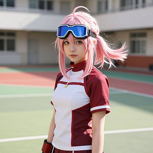 Photorealistic CGI of an anime-style girl with pink hair, goggles, and maroon-white sporty outfit, standing on a sunlit tennis court