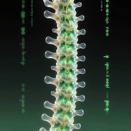 Digital art of a glowing, luminescent spinal cord with green and yellow lights, set against a dark gradient background. Text labels 