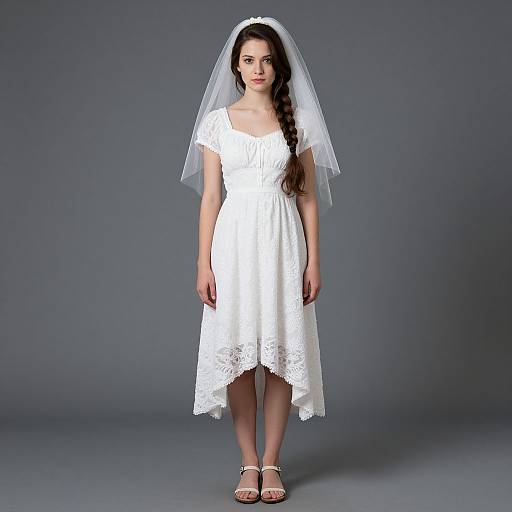 Photograph of a young woman with fair skin, dark brown hair in a braid, wearing a white lace wedding dress and veil, standing against a