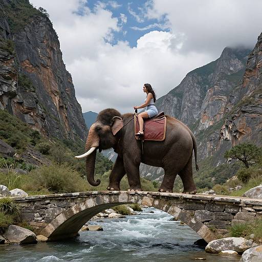 Photograph of a woman with brown hair in a ponytail, wearing a black tank top and white shorts, riding a large elephant with white tusks