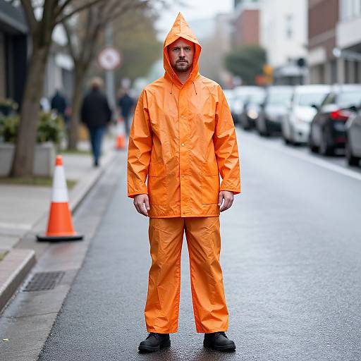 Photograph of a bearded man with a beard, wearing an orange hooded raincoat and matching pants, standing on a wet urban street with blurred