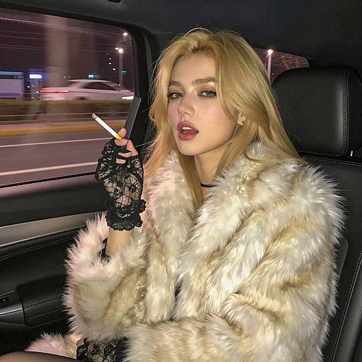 Blonde woman in fur coat smoking in car at night