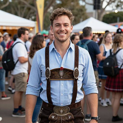 Photograph of a smiling young man with curly brown hair, wearing a blue checkered shirt and brown Bavarian-style leather suspenders, standing in a
