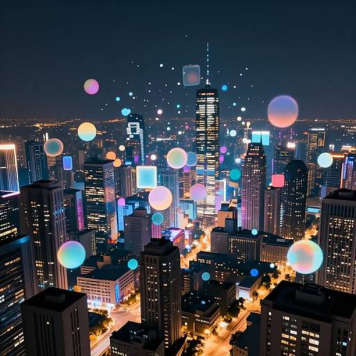 Nighttime cityscape photograph of a bustling downtown skyline with colorful, floating bubble-like lights over illuminated skyscrapers and streets.