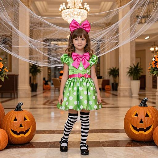 Photograph of a young girl in a green polka dot Halloween dress, pink bow, striped socks, black shoes, standing in a grand foyer with