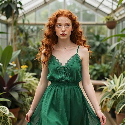 Teen Girl in Emerald Sundress in Greenhouse