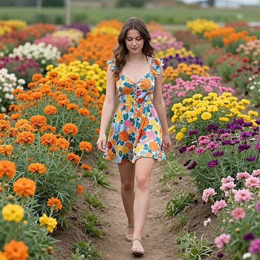 Young Woman Walking Through Colorful Flower Farm