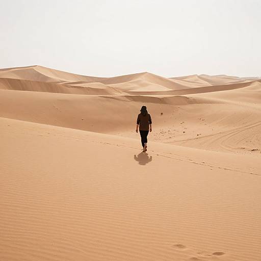 Silhouetted figure walking alone through vast, rippled, golden sand dunes under a bright, white sky. Desert landscape photograph.