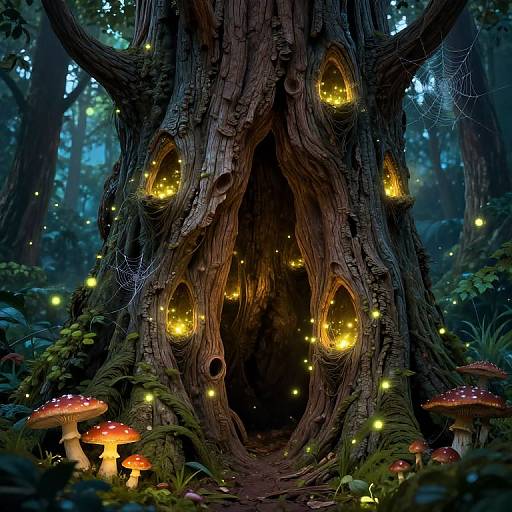 Enchanted forest scene: glowing fairy lights in hollow tree, surrounded by red-capped mushrooms, dense foliage, and twinkling fireflies. Digital