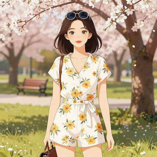 Anime-style digital drawing of a smiling young woman with short black hair, wearing a yellow floral romper, sunglasses on head, and brown bag, standing