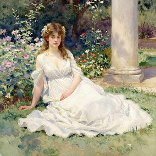 Digital painting of a fair-skinned woman with brown hair, wearing a white, flowing gown, sitting on grass beside a column in a vibrant garden with