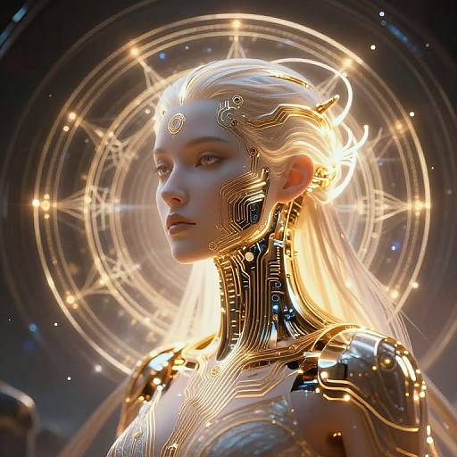Digital artwork of a cybernetic, glowing blonde woman with intricate golden circuits on her face and neck, set against a radiant, circular light background.