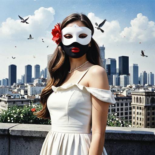 Woman in White Dress Wearing Mask with Cityscape Background