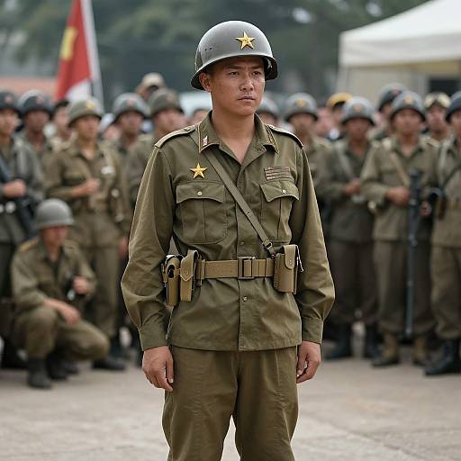 Photograph of a serious young Asian male soldier in olive green uniform and helmet, standing front and center with a group of similarly dressed soldiers in the blurred