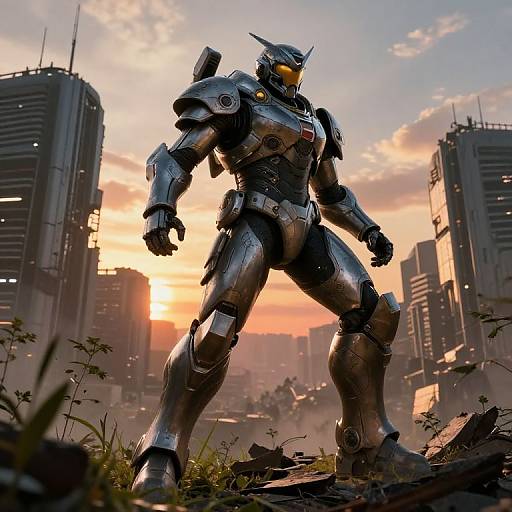 CGI image of a futuristic, silver armored robot standing in a ruined urban landscape at sunset, with tall, damaged skyscrapers in the background.