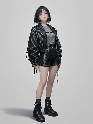 Digital artwork of a young Asian woman with black bob haircut, wearing a black leather jacket, gray top, black frilled shorts, and black combat boots