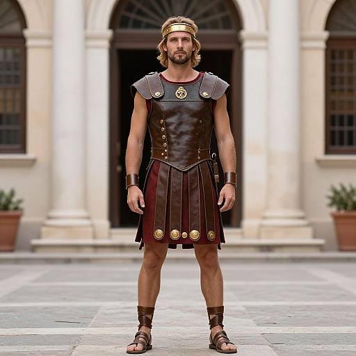 Photograph of a bearded man in ancient Roman armor, including a leather tunic, metal shoulder armor, and sandals, standing in front of a
