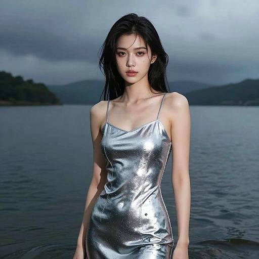 Photograph of an Asian woman with long black hair wearing a shiny silver slip dress, standing in a calm lake at dusk, with mountains and cloudy sky