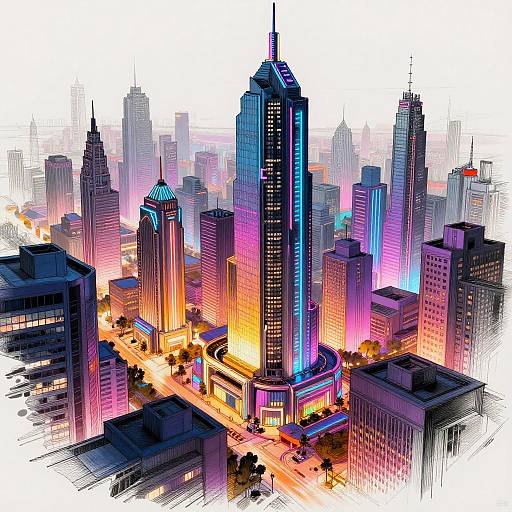 Vibrant digital illustration of a futuristic cityscape with neon-lit skyscrapers, glowing streets, and colorful gradients, showcasing a bustling urban environment