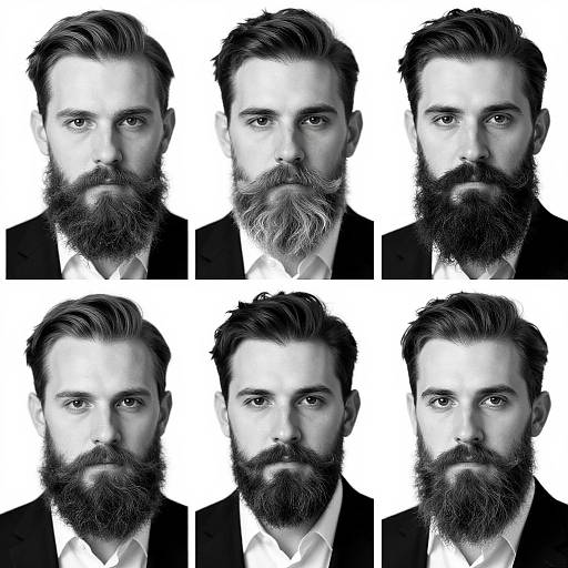 Black-and-white photograph of six bearded men with varying beard styles and expressions, arranged in two rows, against a white background.