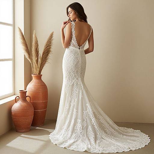 Photograph of a woman with dark hair in a backless, lace, white mermaid-style wedding dress, standing near sunlit windowsill with two
