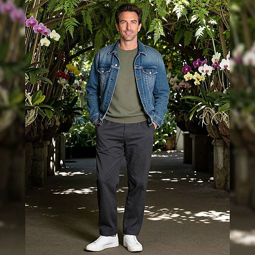 Photograph of a smiling man with short dark hair, wearing a blue denim jacket, green t-shirt, black pants, and white sneakers, standing in
