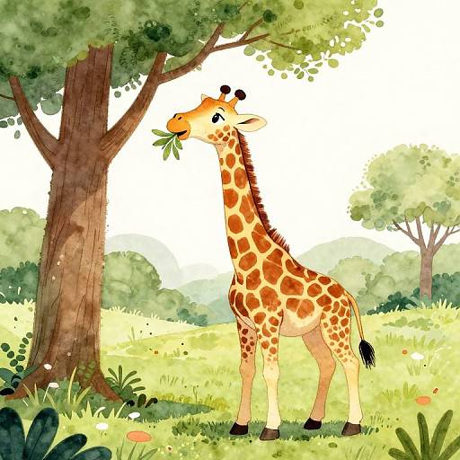Whimsical digital illustration of a smiling giraffe with orange and brown spots, munching leaves near a tall tree in a sunlit, green forest