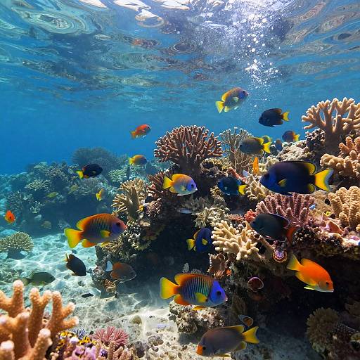 Vibrant underwater photograph of colorful fish, including orange and yellow tangs, swimming around coral reefs with various corals and sea anemones,