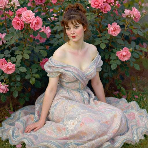 Digital painting of a fair-skinned woman with brown hair in an updo, wearing an off-shoulder pastel floral dress, sitting among pink