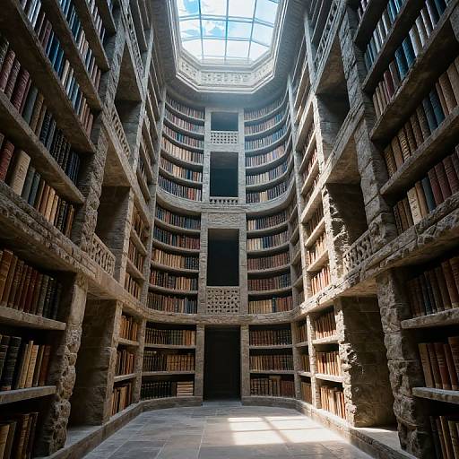 Photograph of a grand, sunlit, octagonal library with tall, stone bookshelves filled with old, leather-bound books, centered around a