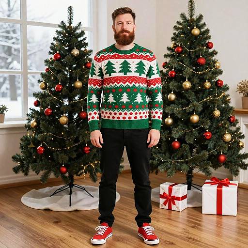 Photograph of a bearded man with a full beard, wearing a green and red Christmas sweater, black pants, and red sneakers, standing between two
