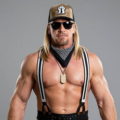 Muscular man with long blonde hair, baseball cap, sunglasses, black bandana, dog tags, suspenders, and bare chest, stands confidently against