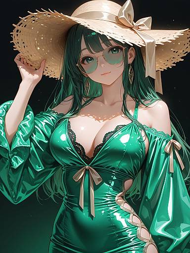 Woman in Emerald Green Bodycon Dress and Straw Hat