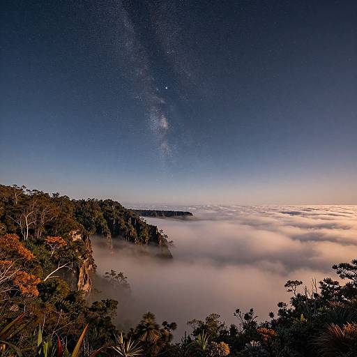 Photograph of a misty mountain landscape at dawn with dense fog, dark green forest, clear Milky Way, and a bright, cloud-covered sky.