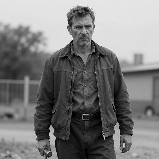 Black-and-White Rugged Man With Hammer