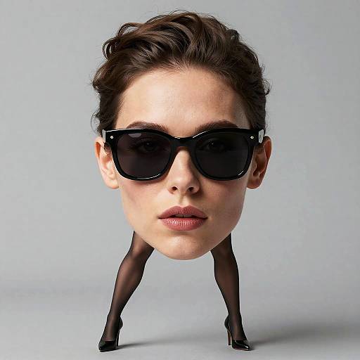 Photorealistic digital artwork of a woman's face with dark sunglasses, slicked-back brown hair, and black stockings, standing on tiptoe against
