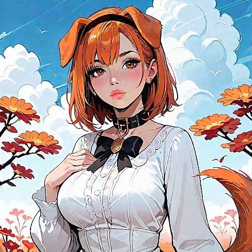 Digital anime-style drawing of a cute, orange-haired, dog-eared girl with a black collar, white blouse, and black bow, set against a