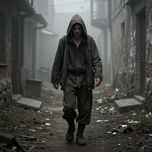 Photograph of a hooded, grimy man in dark, heavy clothing walking down a foggy, litter-strewn, abandoned alley with dil