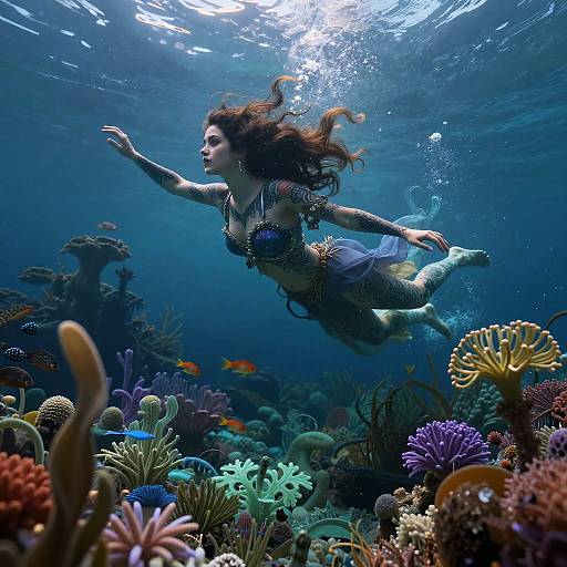 Photograph of a mermaid with long brown hair, wearing a detailed seashell bikini, swimming underwater among vibrant corals and colorful fish.