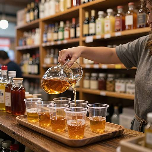 Photograph of a person pouring amber liquid from a glass pitcher into six clear plastic cups on a wooden tray in a well-stocked liquor store.