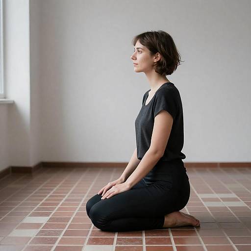 Woman Kneeling on Tiled Floor in Minimalist Room