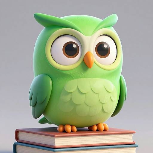 Vibrant Cartoon Green Owl on Books