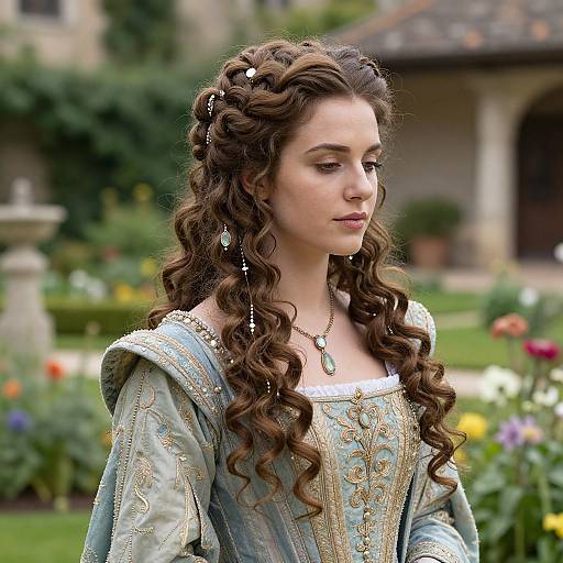 Photograph of a young woman with long, curly brown hair, wearing an ornate, medieval-style, light blue dress with gold embroidery, standing in