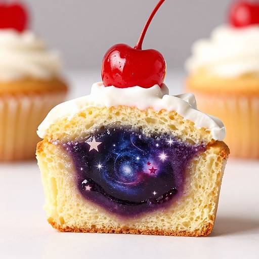 Photograph of a cupcake with a blue, galaxy-themed filling, topped with white frosting, a red cherry, and surrounded by blurred, similar cupcakes