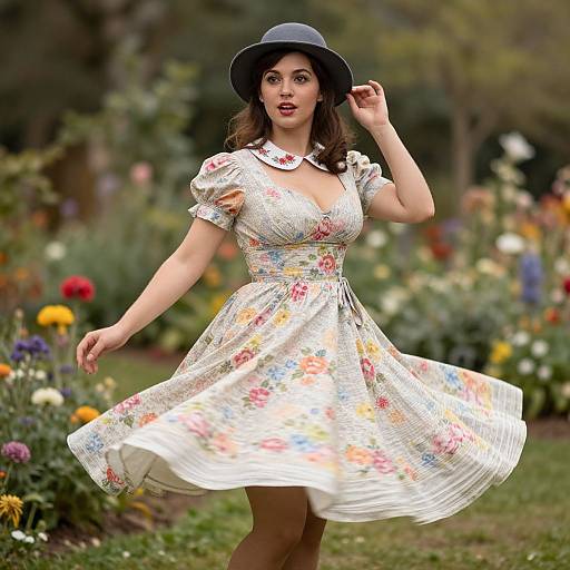 Photorealistic digital artwork of a fair-skinned woman with dark hair, wearing a floral dress and black hat, dancing in a vibrant garden.