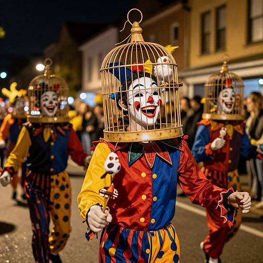 Photograph of three clown performers in colorful jester costumes and birdcages, smiling with painted white faces, marching at night on a brightly lit street
